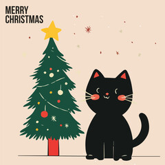 Illustration of Cute black Cat and red Christmas tree Cards