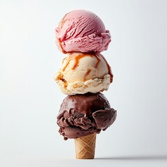 Triple scoop ice cream cone with chocolate, vanilla caramel, and strawberry flavors stacked vertically against a white background