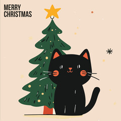 Illustration of Cute black Cat and red Christmas tree Cards