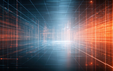 Obraz premium vibrant digital landscape featuring neon lines in blue and orange hues, creating futuristic atmosphere filled with depth and energy