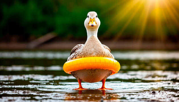 Ironic duck in a life preserver on dry land - the irony of unnecessary protection