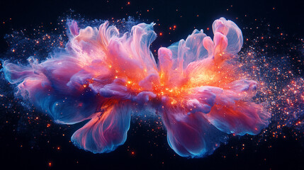 Obraz premium Cosmic explosion with pink and blue fluid colors against black space background, abstract nebula concept for creativity, imagination and universe exploration