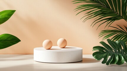 Fototapeta premium Minimalist display podium with pastel spheres and tropical leaves