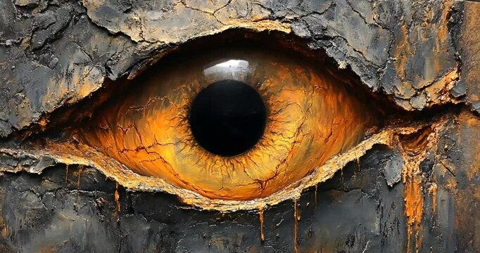 Abstract art eye in cracked stone sculpture