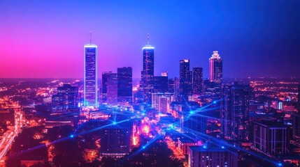 Cityscape at night with glowing network. Aerial view of illuminated buildings and connecting lines. Possible use Stock photo for technology, business, or urban development concepts