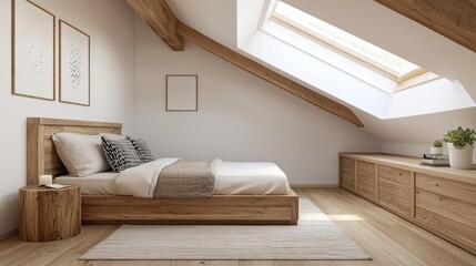 Modern loftstyle attic kids bedroom with a wooden mezzanine bed, neutral decor, and bright skylight