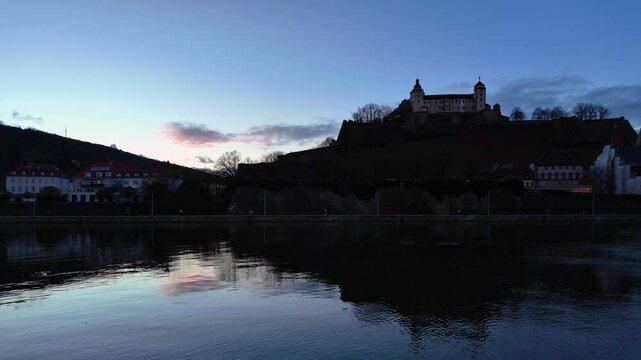 Sunset behind the famous Marienberg Fortress in W&uuml;rzburg, Germany. Beautiful slow motion video in blue hour.