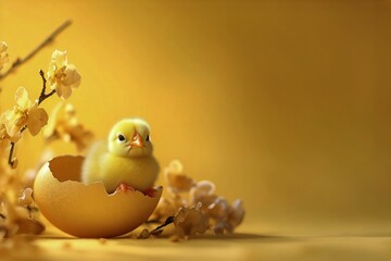 Yellow Chick Hatches From Egg on Bright Yellow Background During Spring Season in a Cozy Setting