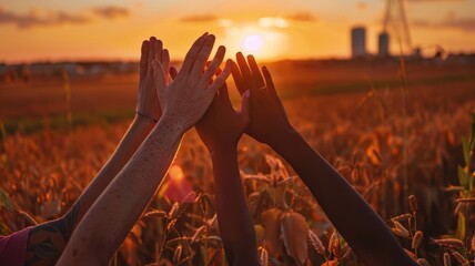 Abstract portrait about happy people joining hands together over a lush field symbolizes unity, teamwork and collaboration of rural communities celebration after cultivate plant of agriculture. AIG53.
