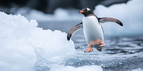 Fototapeta premium Group of penguins in snow Arctic environment. World penguin day