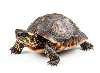 Turtle Crawling on White Background Shows Shell and Skin Detail