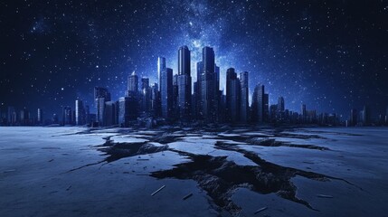 Fototapeta premium A futuristic city skyline rests beneath a starry night sky