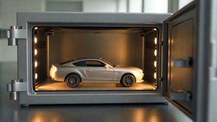 Fototapeta premium miniature car is safely stored in secure box showcasing its design while emphasizing importance of car insurance