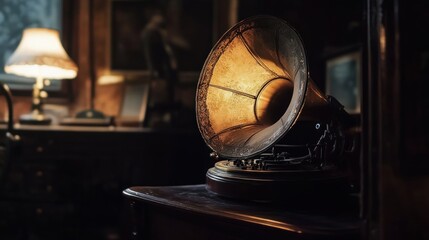 Antique Gramophone in a dimly lit room, nostalgic ambiance, vintage music player, old-fashioned design,  brown and gold tones