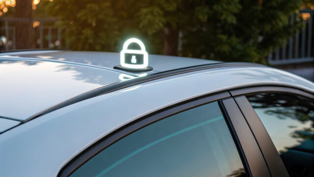 car with glowing lock symbol on roof represents security and safety, emphasizing importance of car insurance