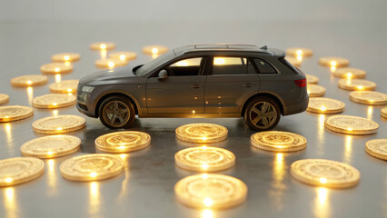 model car surrounded by glowing coins symbolizes importance of car insurance in protecting your investment