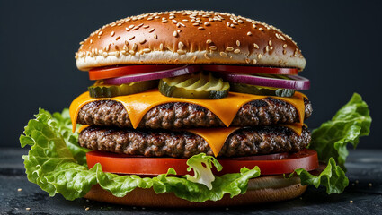 Delicious double burger with melted cheese, pickles, and vegetables on a sesame seed bun