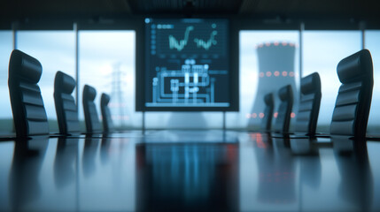 Powering Progress: A sophisticated boardroom, with a large panoramic window offering a view of a power plant and a monitor displaying technical data.