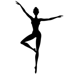 A silhouette of a dancer in a classical pose, with arms elegantly raised in a graceful, poised manner