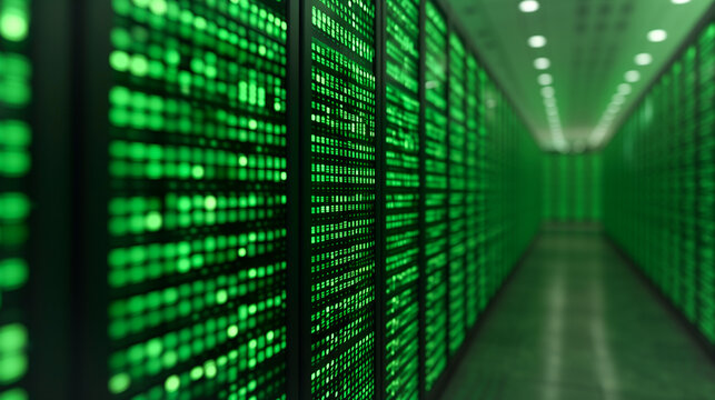 Data Center Corridor: A hyper-realistic, modern data center corridor bathed in cool, futuristic lighting. The image is a visual representation of the digital age, showing data storage.