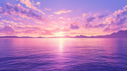 Fototapeta premium Serene sunset over calm waters with vibrant purple and pink hues reflecting on the ocean