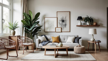 A living room with a fireplace and a couch. The room is decorated with a lot of plants and has a cozy, inviting atmosphere