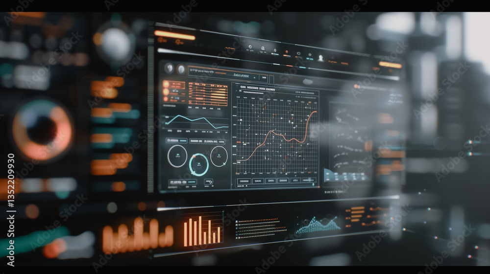 Poster futuristic digital interface: a sleek, high-tech interface displaying complex data visualizations, g