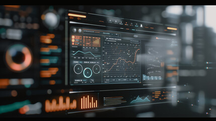 Futuristic Digital Interface: A sleek, high-tech interface displaying complex data visualizations, graphs, and charts, hinting at cutting-edge technology and advanced data analysis.