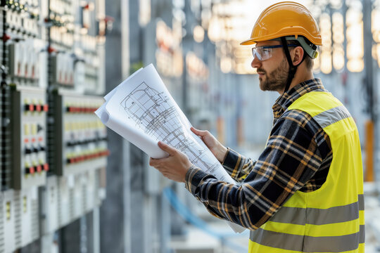 Electrical engineer examining blueprint in power distribution control room