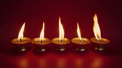Five lit candles on red background, spiritual practice,  possible use in religious or cultural event