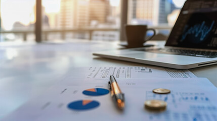 Financial Workspace: A close-up view of a modern workspace with financial documents, laptop displaying stock charts, coffee cup, and a pen, signifying analysis, and strategic planning.