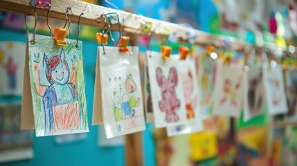 A childrenâ€™s art display with rotating drawings hung with clips on a string