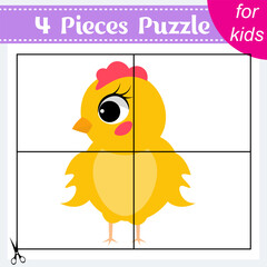 Puzzle game for kids. Puzzle pieces. Farm animals. Yellow chick. Education worksheet. Activity page.
