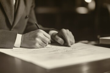 Classic Black and White Image of Hands Signing Document with Pen on Wooden Desk Surface
