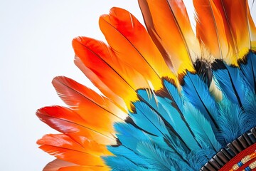 Colorful feathers in an Indian headdress, white background,