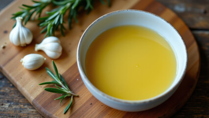 Beef tallow rendered and ready to use, with fresh garlic cloves for flavoring.