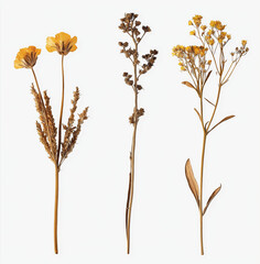 Three Dried Flowers Isolated on Transparent Background – High-Resolution PNG Cutout for Graphic Design, Floral Arrangements, and Decorative Elements. No Shadows, Clean and Detailed