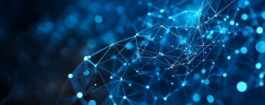 abstract interconnected network of glowing blue points and lines on a dark background