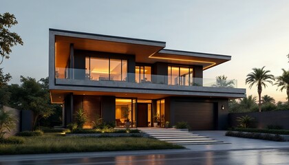 Obraz premium Modern Two-story House Design at Dusk with Warm Lighting