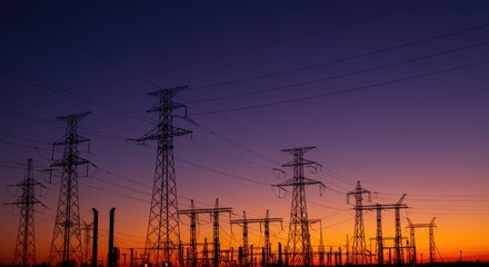 Fototapeta premium Power Lines Silhouette Against a Vibrant Sunset Sky Backdrop
