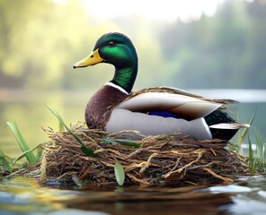 Mallard Duck Nesting on Water a Close Up in Natural Habitat