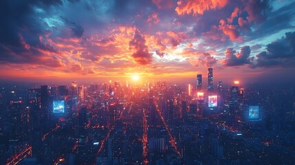 Futuristic cityscape with vibrant holographic billboards at night