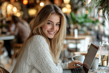 Woman at table with laptop, deep in thought. Bright room, plants in background. Focus on screen, hands on keyboard. Professional setting.