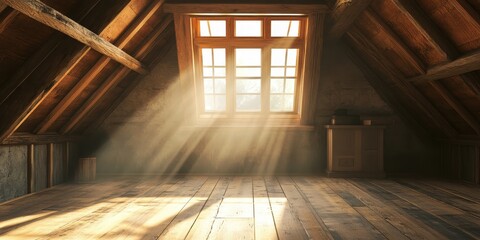 Sunlight streams through a window in an old attic room
