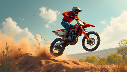 Dirt bike mid-jump at local track. Ultrarealistic colorful illustration. Action-packed motocross scene. Stunning aerial view of dirt bike tricks.