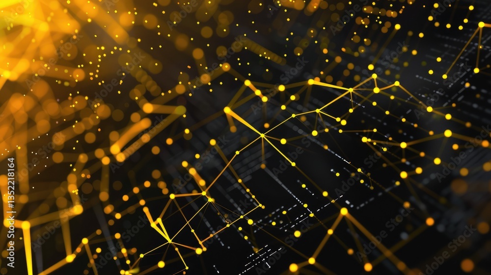 Poster this futuristic background features a vibrant blockchain network with glowing yellow lines and nodes