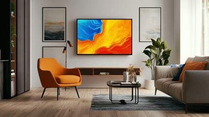 Fototapeta premium A digital screen displaying changing artwork, mounted on a living room wall