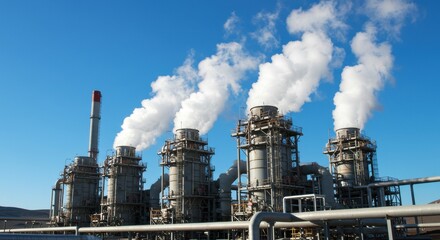 Refinery Plant Emitting Smoke Against Blue Sky Environment Industrial Landscape