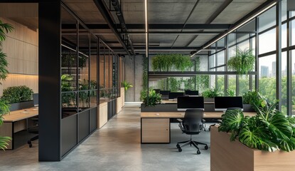 Modern Office Interior with Green Plants and Natural Light Design