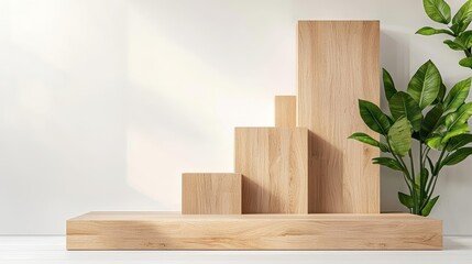 Minimalist workspace featuring asymmetrical wooden blocks on the walls, forming a unique design
